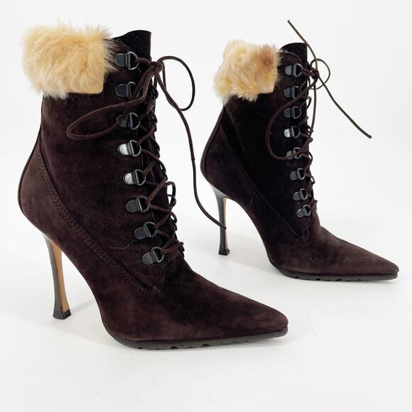 Manolo Blahnik y2k Oklamod Brown Suede Fur Trim Lace Up Heeled Boot Bootie IT 36 - Picture 1 of 13